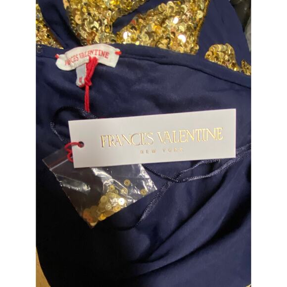 Frances Valentine M Goddess High Neck Open Back Formal Dress Blue Gold Sequin - Picture 8 of 8